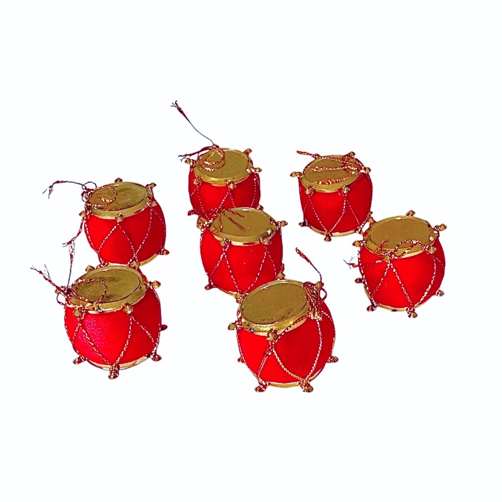 Vintage Red & Gold Drums Christmas Tree Ornaments Set of 7